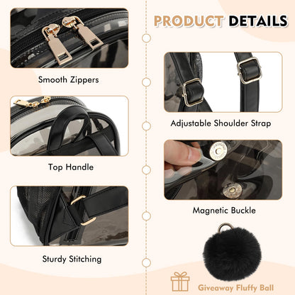ASKSKY Clear Backpack for Stadium Events 12x12x6, Thick PVC Small Clear Bag with Leather Trim Fashion Women Backpack for Concerts, Sports, Festivals, Work, Travel-Black