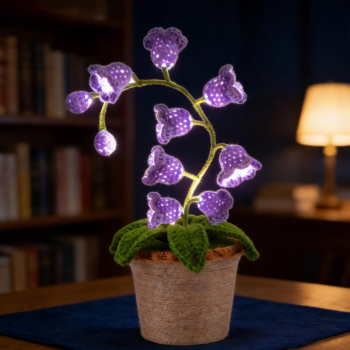 AVEKI Lily of Valley Lamp, Handmade Crochet Artificial Flower Lamp with Warm Light, Cute Desk Lamp for Bedroom, Battery Power Decor LED Night Light, Gift for Mom Daughter Girlfriend (Warm) (Purple)