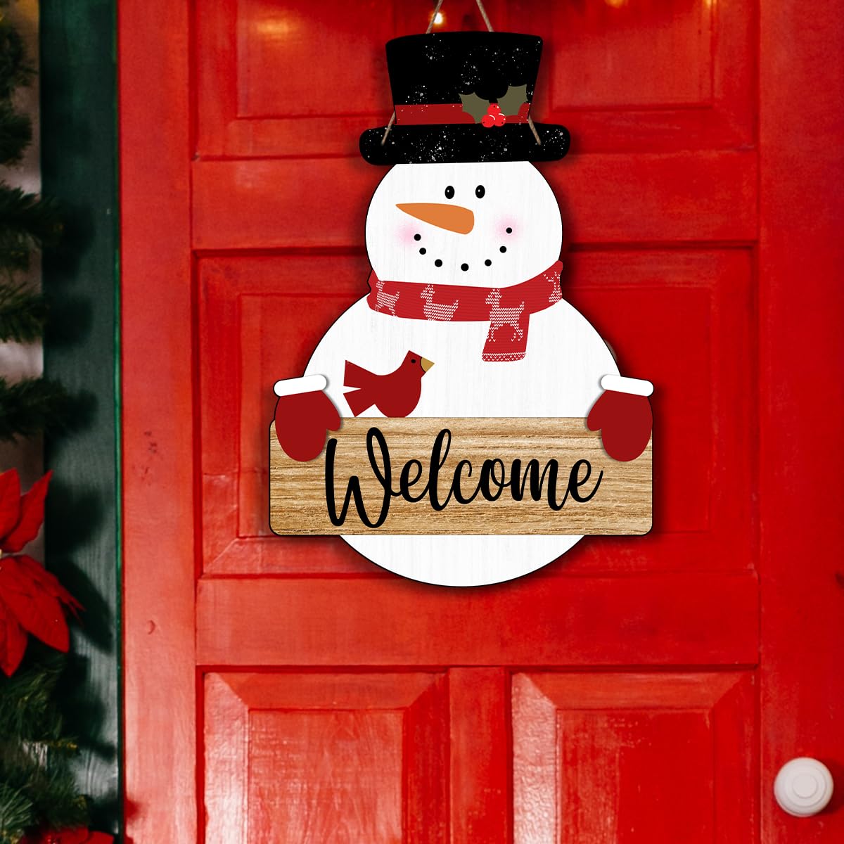 Snowman Merry Christmas Welcome Sign - Snowman Christmas Door Hanger - Hello Winter Snowflake Round Wooden Decor for Tree, Front Door, Porch, Wall, Party Hanging Decorations, 10X10 Inches -B09