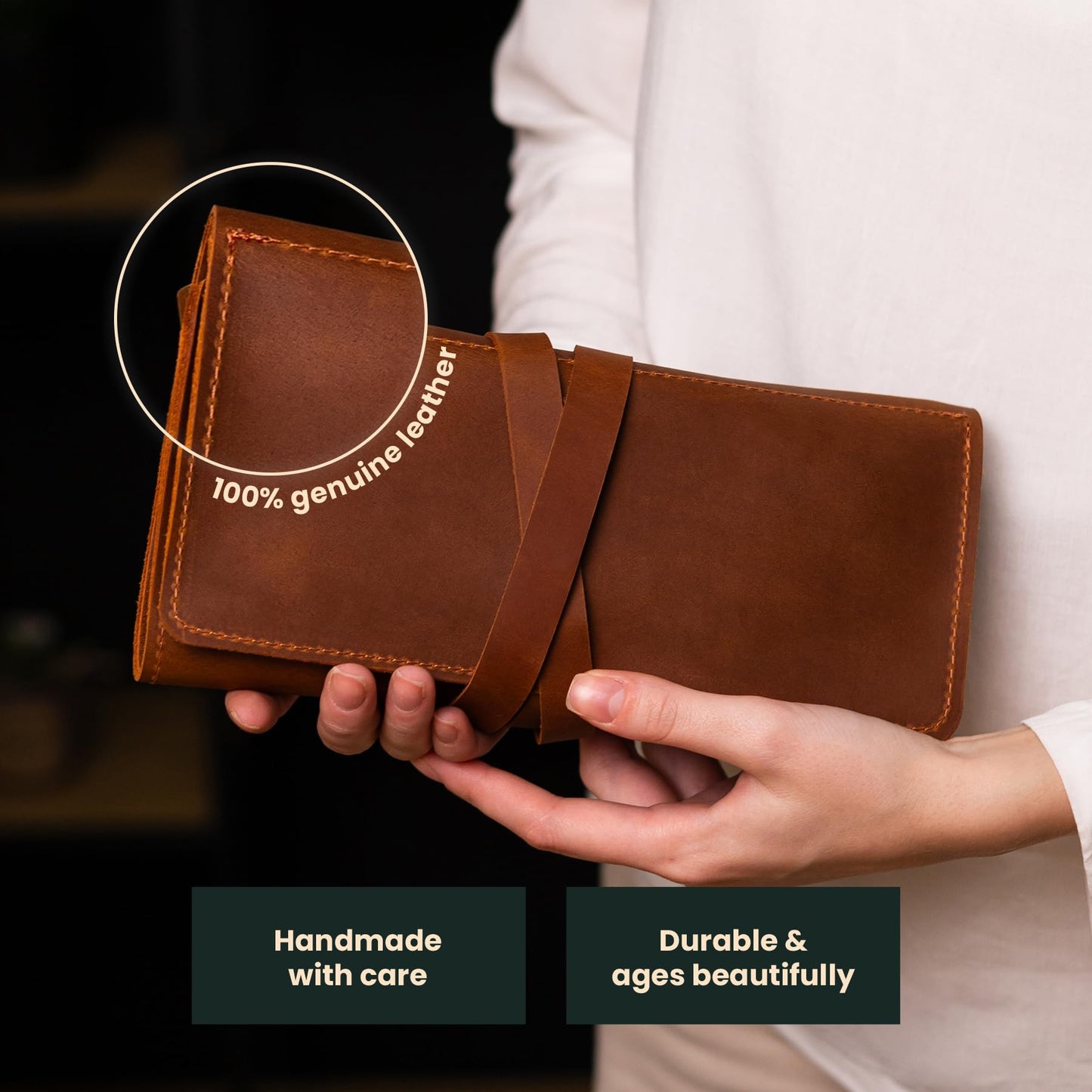OMBUO Handmade Artist Pencil Case for Adults Women, Leather Pencil Roll, Artist Gifts, Pencil Wrap Roll Up Case, Leather Paint Brush Case, Warm Brown