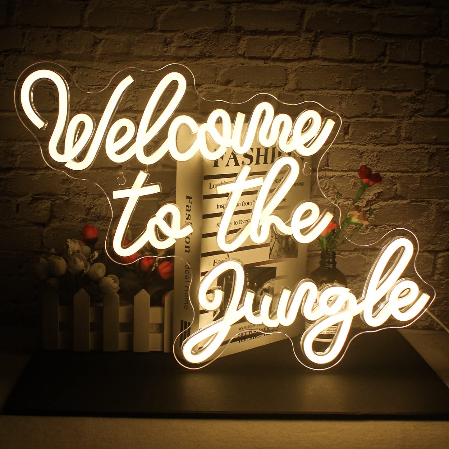 FAXFSIGN Welcome to the Jungle Neon Sign Warm White Led Word Neon Light Signs for Wall Decor Usb Letter Light Up Sign for Bedroom Nursery Kids Room Garden Home Entryway Front Porch Wedding Birthday