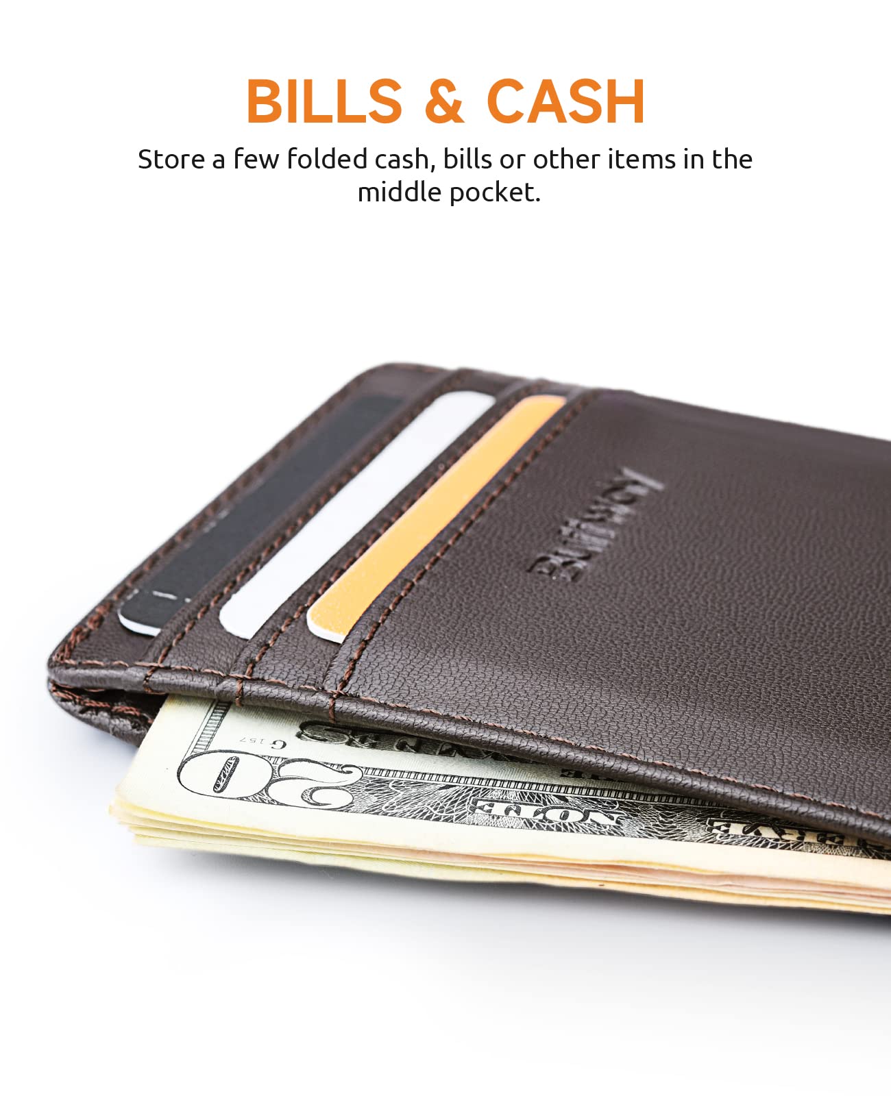 Buffway Mens Slim Wallet, Minimalist Thin Front Pocket Leather Credit Card Holder with RFID Blocking for Work Travel - Boston Chocolate