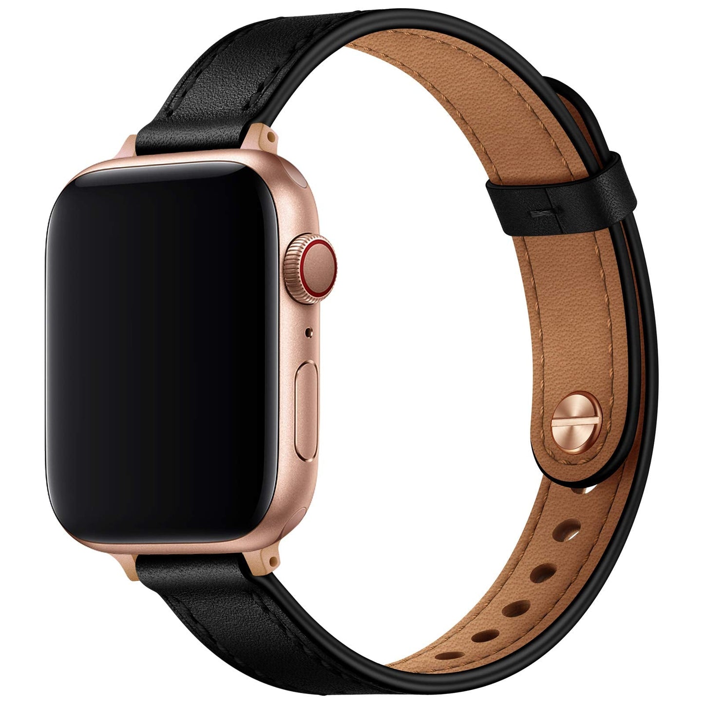 OUHENG Slim Bands Compatible with Apple Watch Band 42mm 41mm 40mm 38mm, Women Genuine Leather Replacement Thin Strap for iWatch SE 3/2/1 Series 11 10 9 8 7 6 5 4 3 2 1 (Black/Rose Gold)