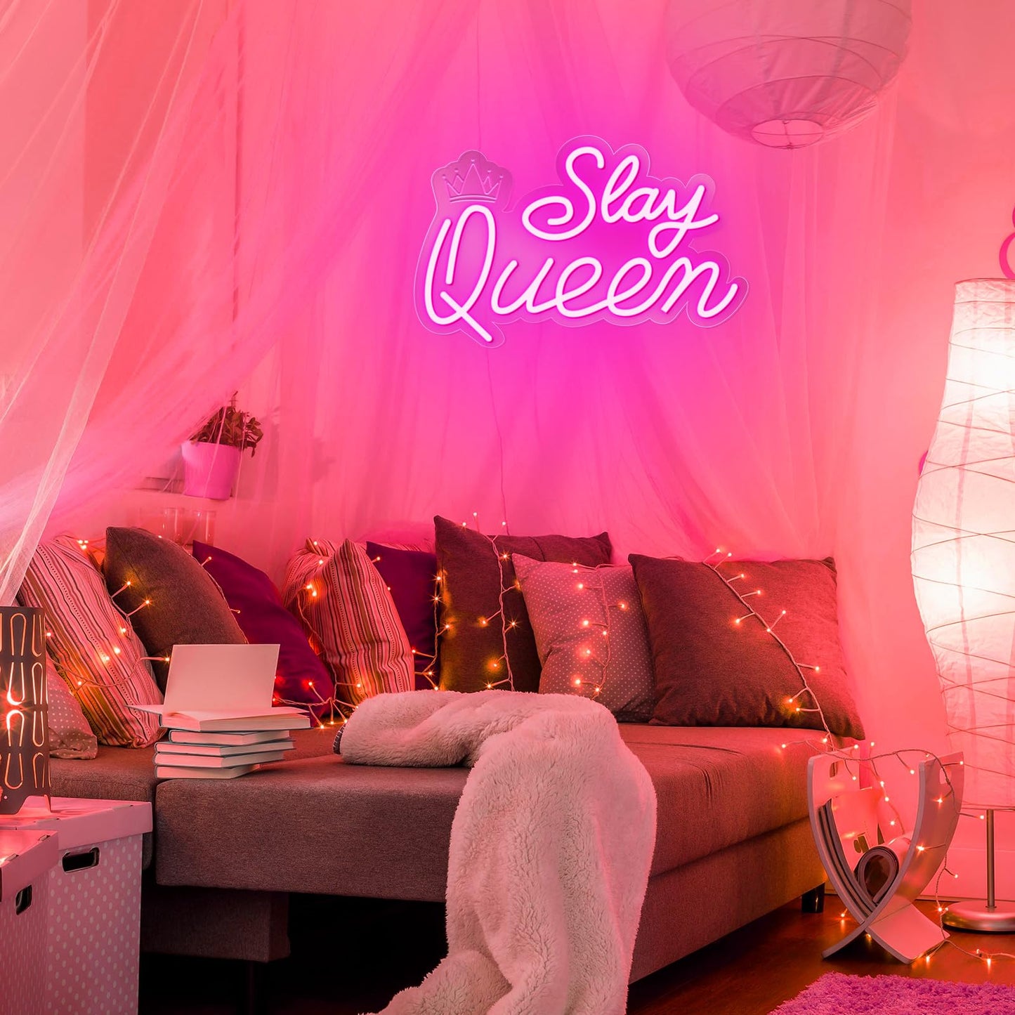 Slay Queen Neon Sign for Wall Decor, Adjustable LED Light Up Signs USB Powered Pink White Neon Sign for Girl Women Birthday Valentines Christmas Bedroom Dorm Wall Art Decor