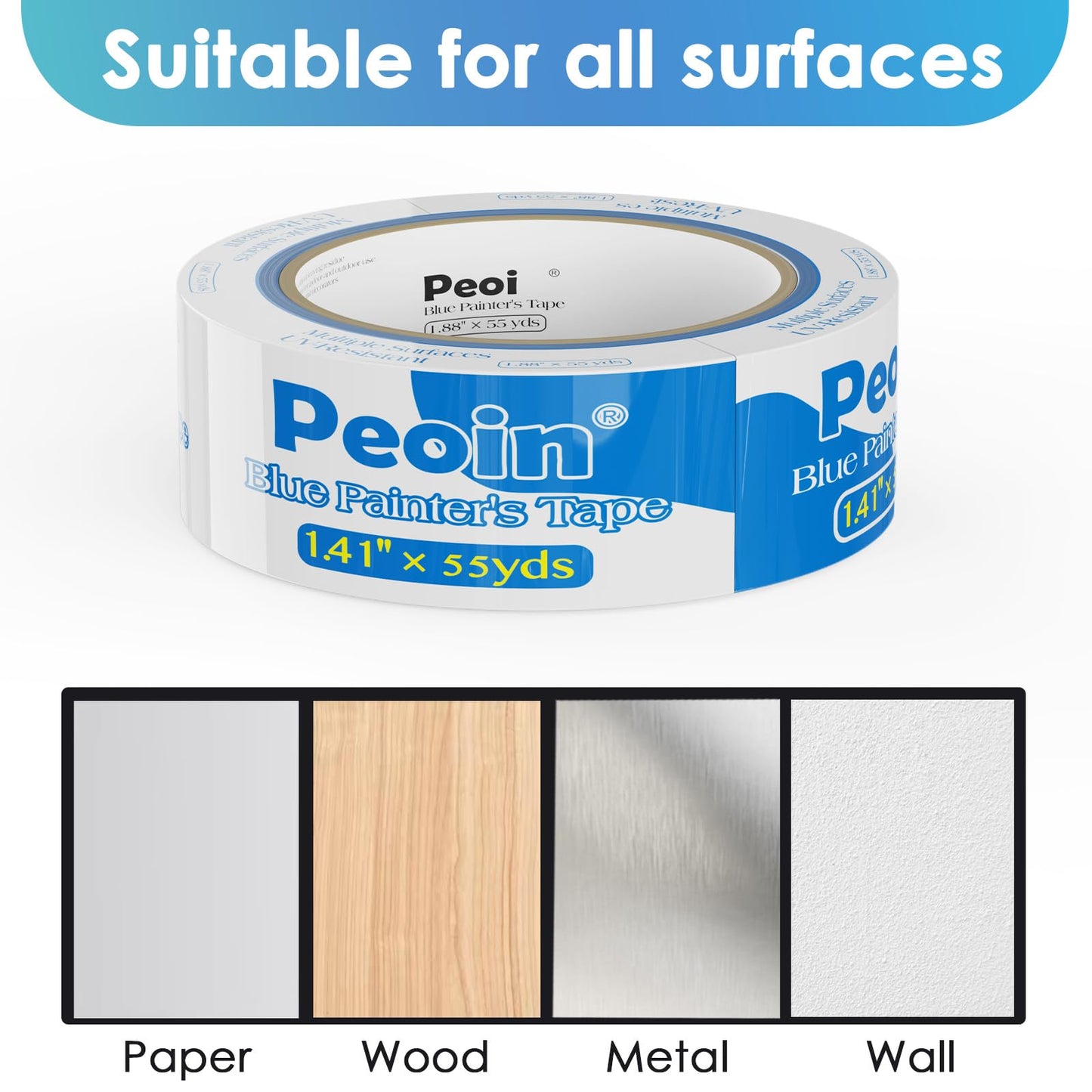 Peoin Blue Painters Tape 1.5 Inch Bulk, 32 Roll Painting Tape Blue Masking for Painting Wall DIY Edge, Paint 1.41 Inch 55 Yards X 32 Rolls 1760 Total Yards