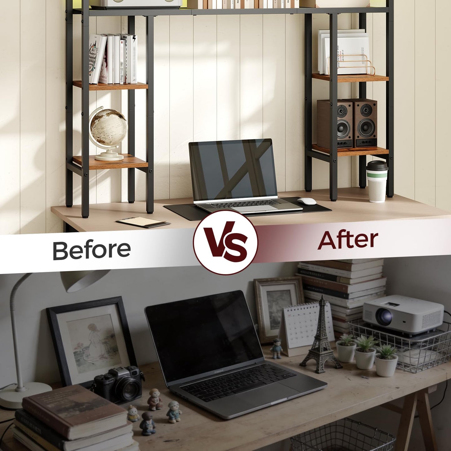 MAHANCRIS Desk Shelf, 43.3" Desk Hutch with Light Strip, Office Desktop Organizer, 5 Tier Desktop Bookshelf for Computer Monitor, Storage Rack for Study, Home Office, Rustic Brown DSHR9801