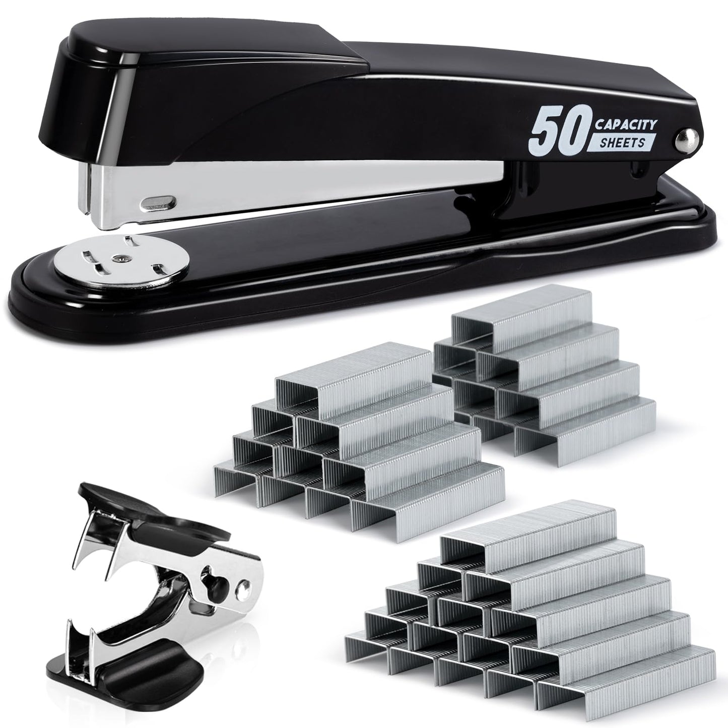 Deli Stapler Heavy Duty, Full Strip Staplers for Desk with 2000 Staples and Staple Remover, 50 Sheet Capacity, No Jam, Non-Slip Office Stapler with Staples for Office, Classroom, Black