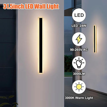 TooCust 1 Pack 31.5in Long Outdoor Modern Led Wall Light, IP65 Waterproof Modern Outdoor Wall Light, 24W Warm Light 3000K, Narrow Strip Light, Long Wall Sconce for Garage, Wired Installation