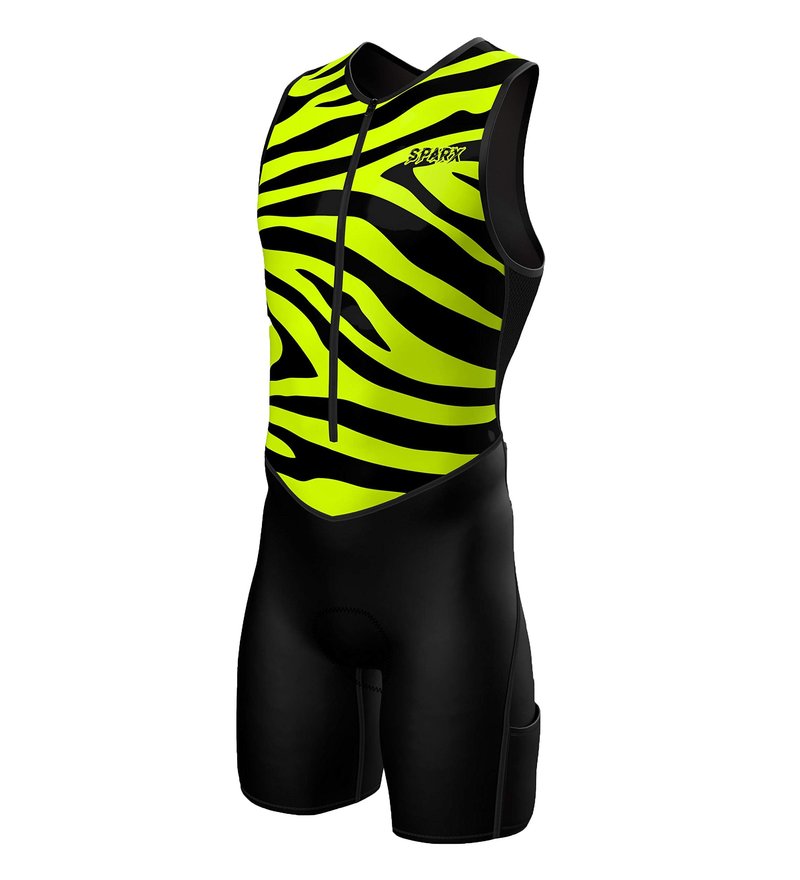 Sparx Men's Premium Triathlon Suit – Padded, Quick-Dry, Compression Fit, Lightweight Tri Suit for Swim, Bike, Run Race & Training (Yellow Tiger, 3XL)