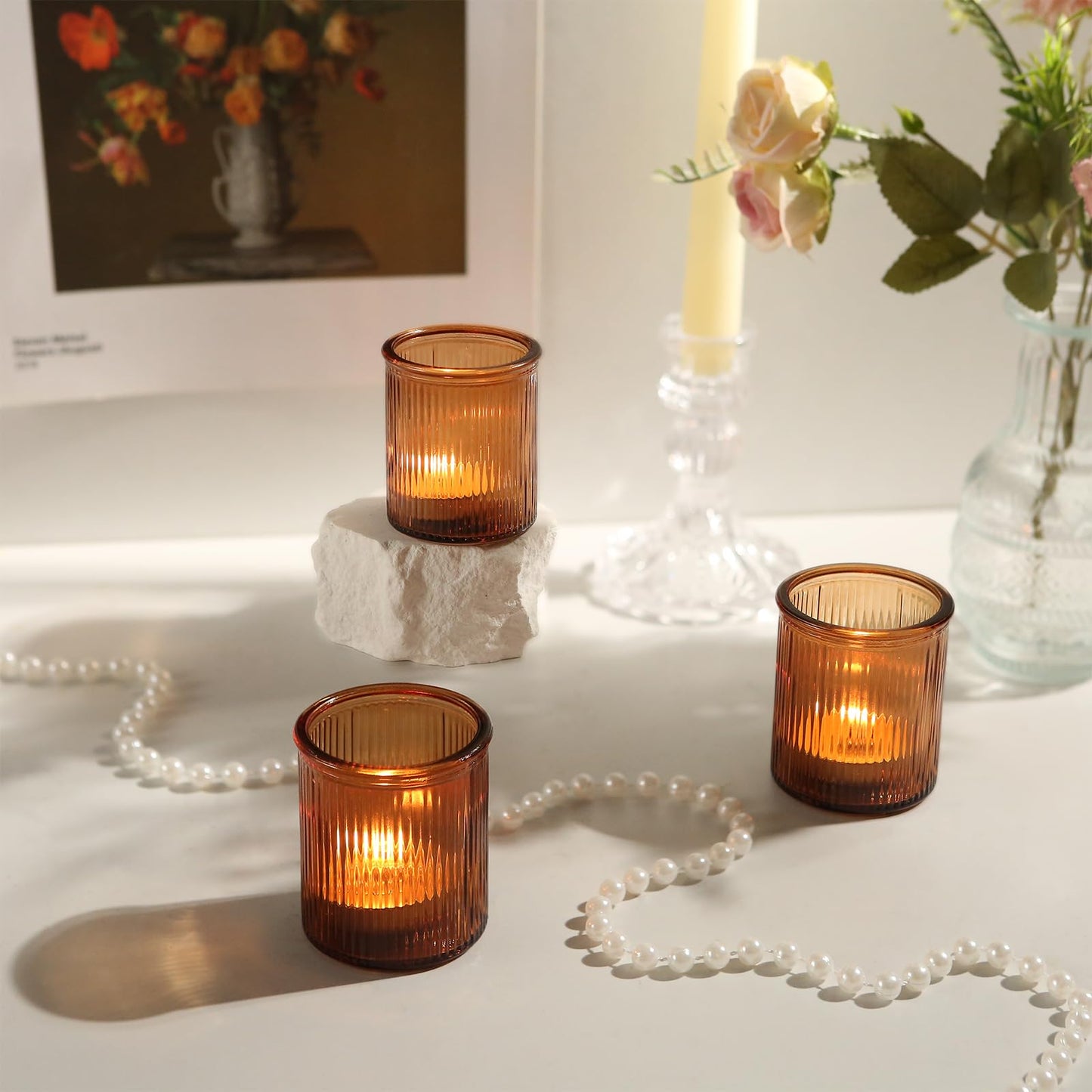 36pcs Amber Votive Candle Holders, Ribbed Glass Tea Light Candle Holder, Candle Votives for Wedding Centerpiece & Home Decor