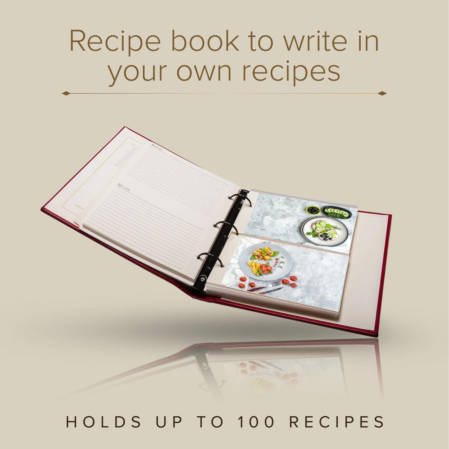 Gallery Leather Recipe book to write in your own recipes - 3 Ring Recipe Binder With Plastic Sleeves, Blank, 25 Pocket Pages and Ivory Cards, Fillable - Freeport Metallic Bronze - 9.25 x 8 "