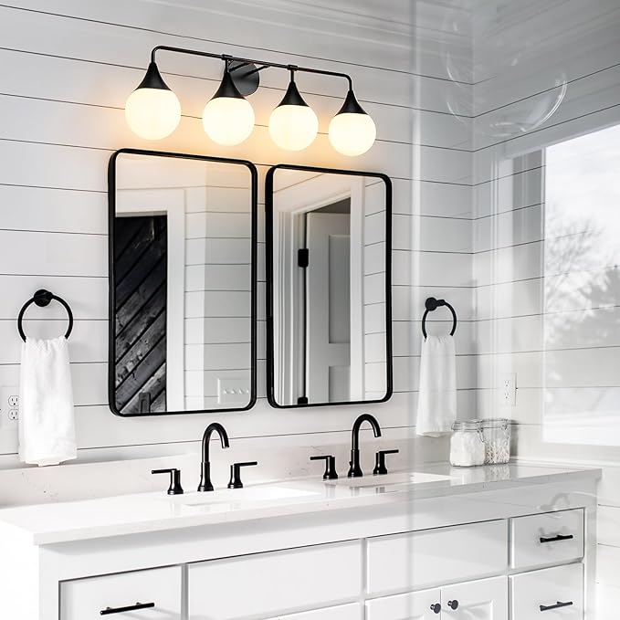 Bathroom Vanity Light Fixtures: 4-Light Mid Century Modern Bathroom Lighting Fixtures Over Mirrors - Matte Black Wall Sconce with Milky Glass Ball Shade for Bath Bedroom