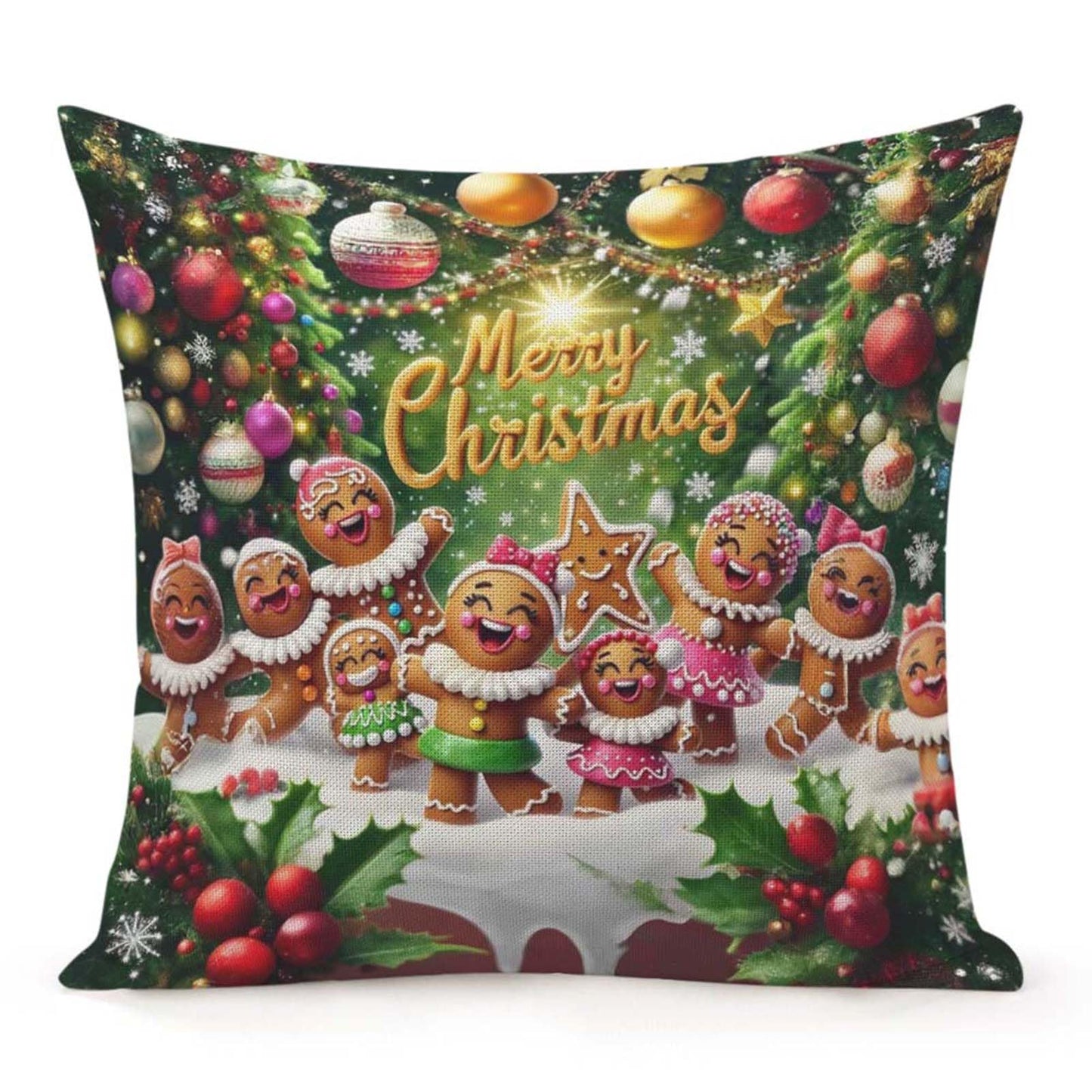 Jiaopenyou Throw Pillow Cover 20x20 Inch,Gingerbread Girls Dancing with The Words Merry Christmas Throw Pillow Case,Home Decor Cushion Covers for Sofa Living Room Couch Bed