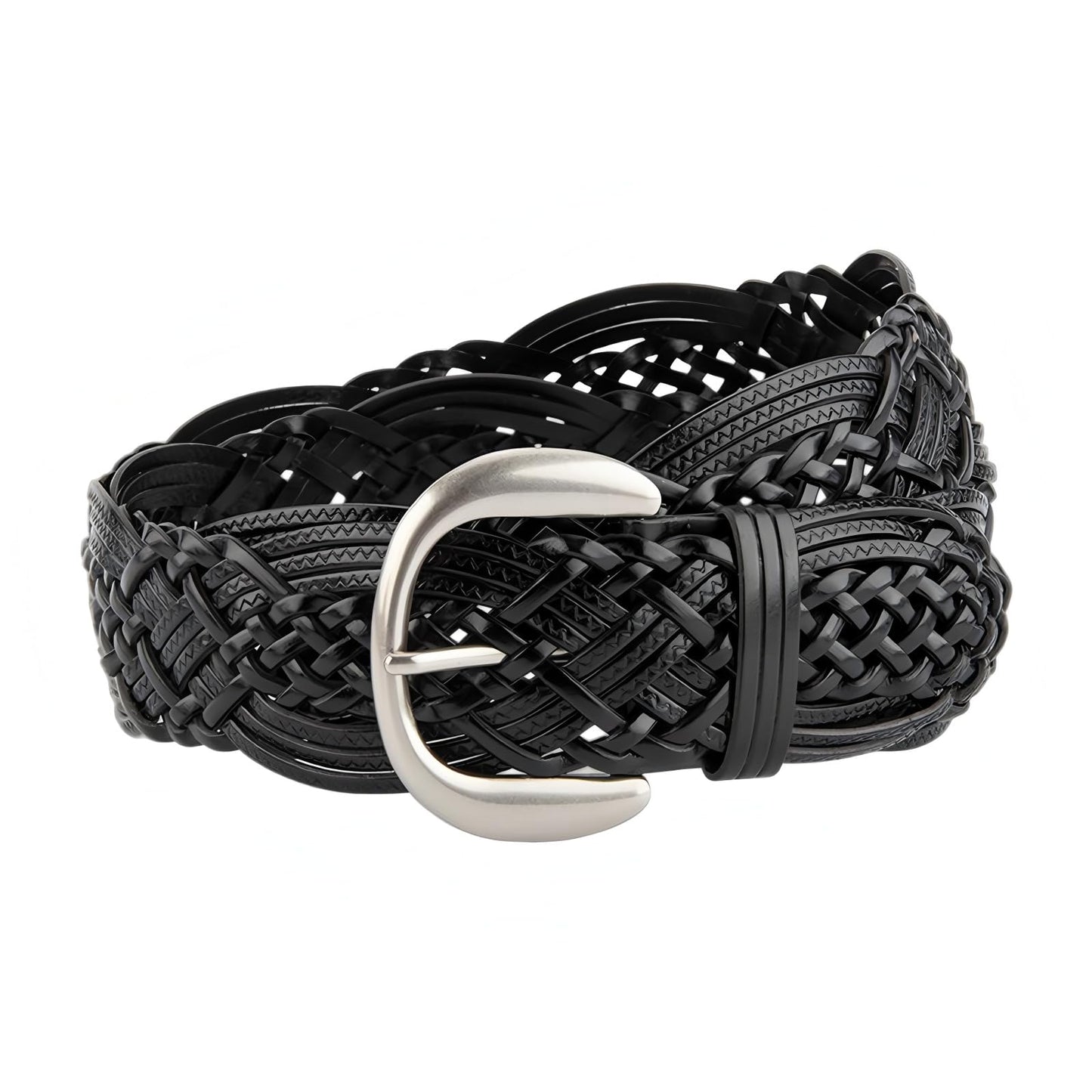 ANNULOYA Women's Wide Braided Leather Belt with Silver Buckle, Hand-Woven Design with Silver Buckle (Black, 110cm/Suit 23"-41")