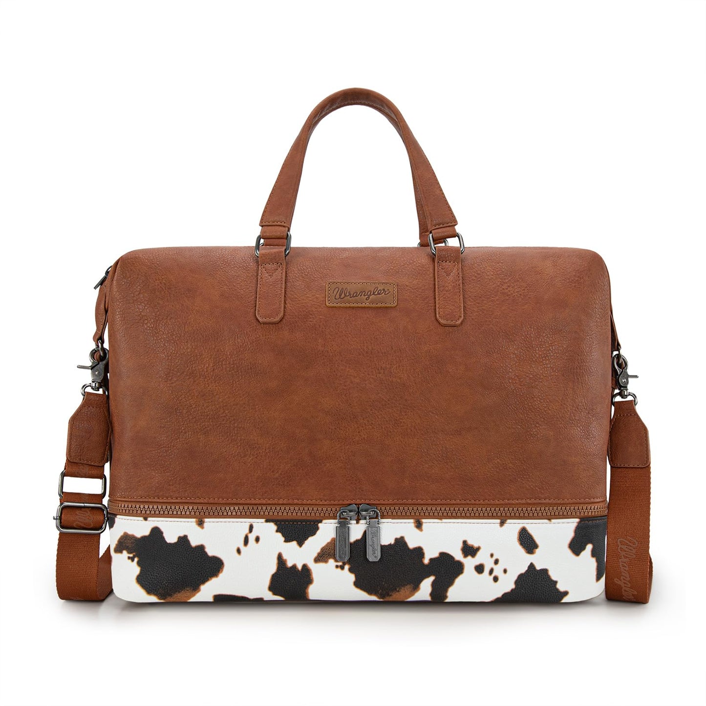 Wrangler Travel Duffel Bag Carry On Overnight Bag with Shoe Compartment Cow Print Weekender Bag for Women WG253-5110COW-BR