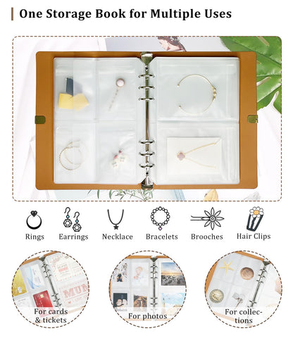 Jewelry Storage Book, Travel Jewelry Organizer with Anti-drop Pockets, Portable PU Leather Earrings Album with Transparent Bags for Rings, Bracelets(70 Grids+70 Anti-Oxidation Bags+10 Necklace Cards)