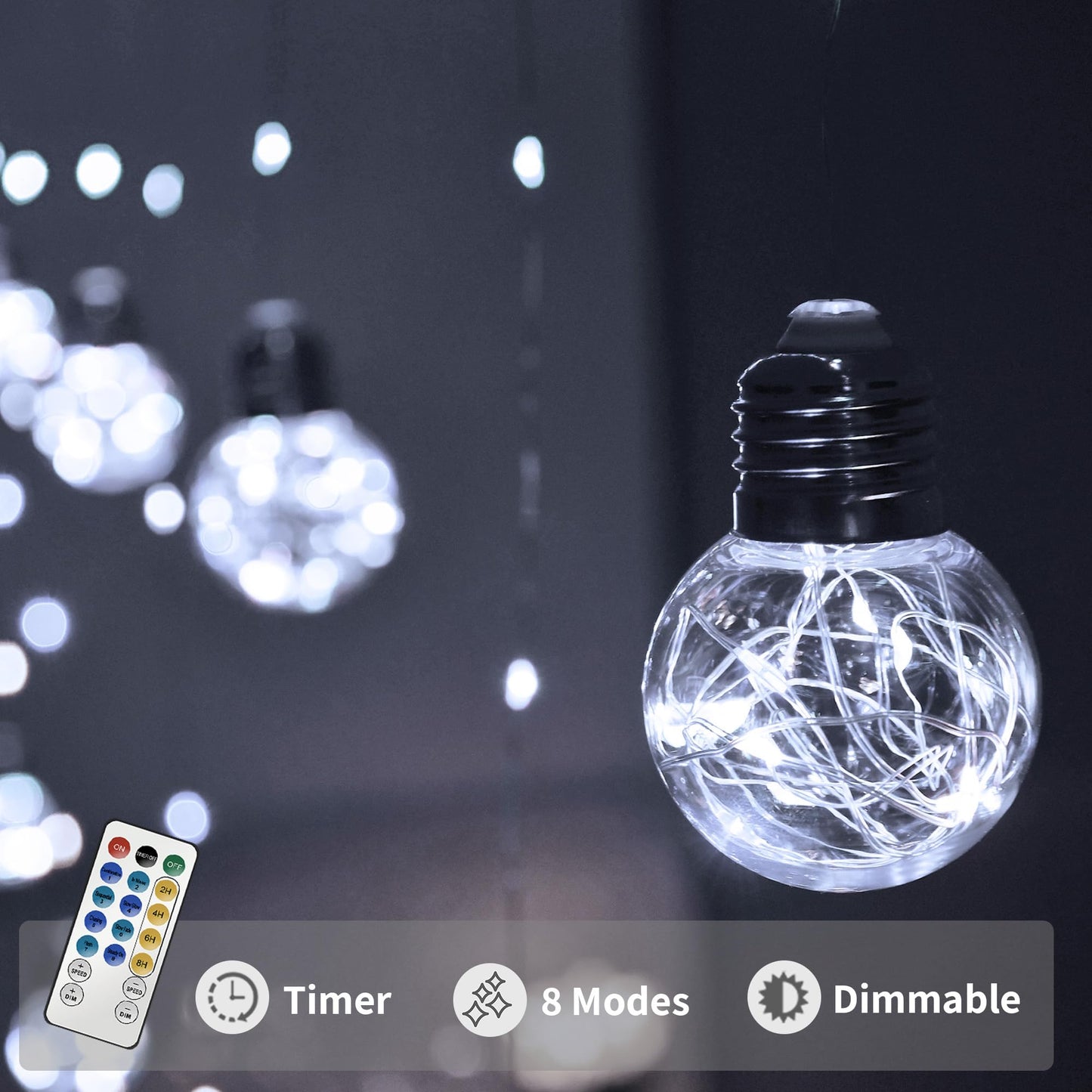 YOLIGHT Wishing Ball Curtain Lights 200 LED Window Curtain String Lights with Remote, USB Battery Powered Twinkle Globe Fairy Lights for Wedding Party Bedroom Halloween Christmas Decoration (White)