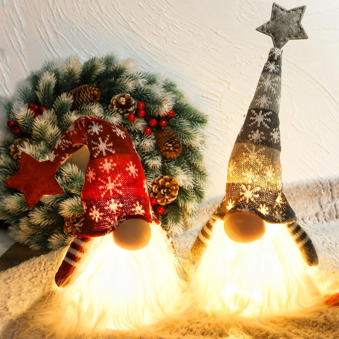 Juegoal 15" Lighted Christmas Gnome, Handmade Scandinavian Swedish Tomte, Light Up Elf Holiday Present, Battery Operated Winter Tabletop Christmas Decorations, 2 Set