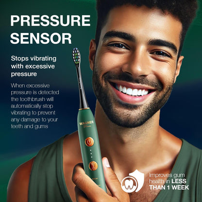 Wagner & Stern WHITEN+ Edition. Whitening electric toothbrush with pressure sensor. Offers 5 brushing modes, 3 intensities, 8 soft brush heads, and a luxury travel case. (Green)