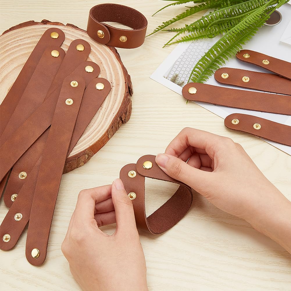 OLYCRAFT 12pcs Adjustable Leather Bracelets 8.6x1 Inch Blank Genuine Leather Snap Bracelets Blank Leathers Cuff Bracelet Leathers Wristband Brown Bracelet for DIY Craft Jewelry Making