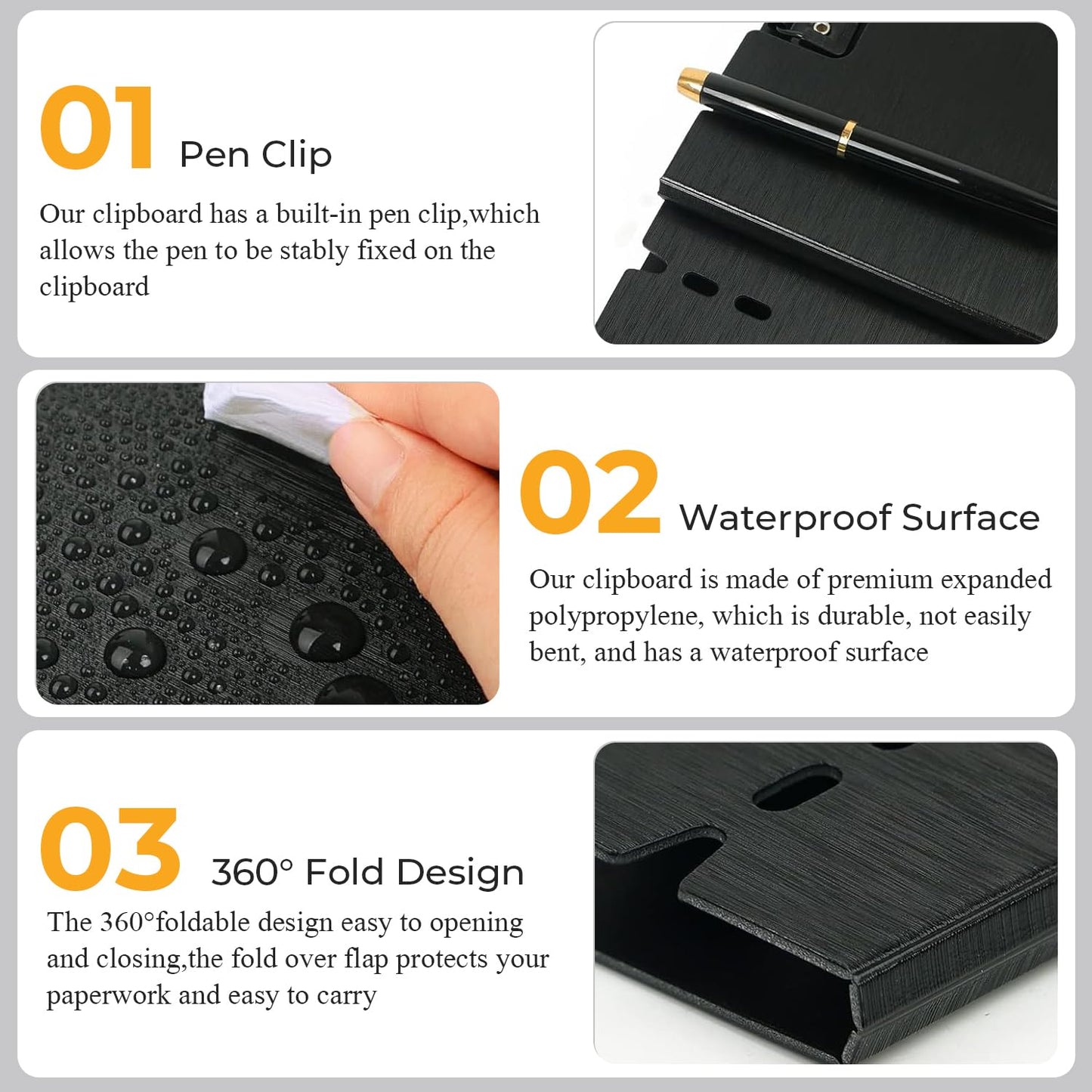 Y YOMA Clipboard Folder, A4 Foldable Plastic Clipboard with Metal Clip, 360° Rotating Cover, Waterproof Work Folder for Home, Office, School, Field Work, Outdoor - 2 Pack, Dark Blue