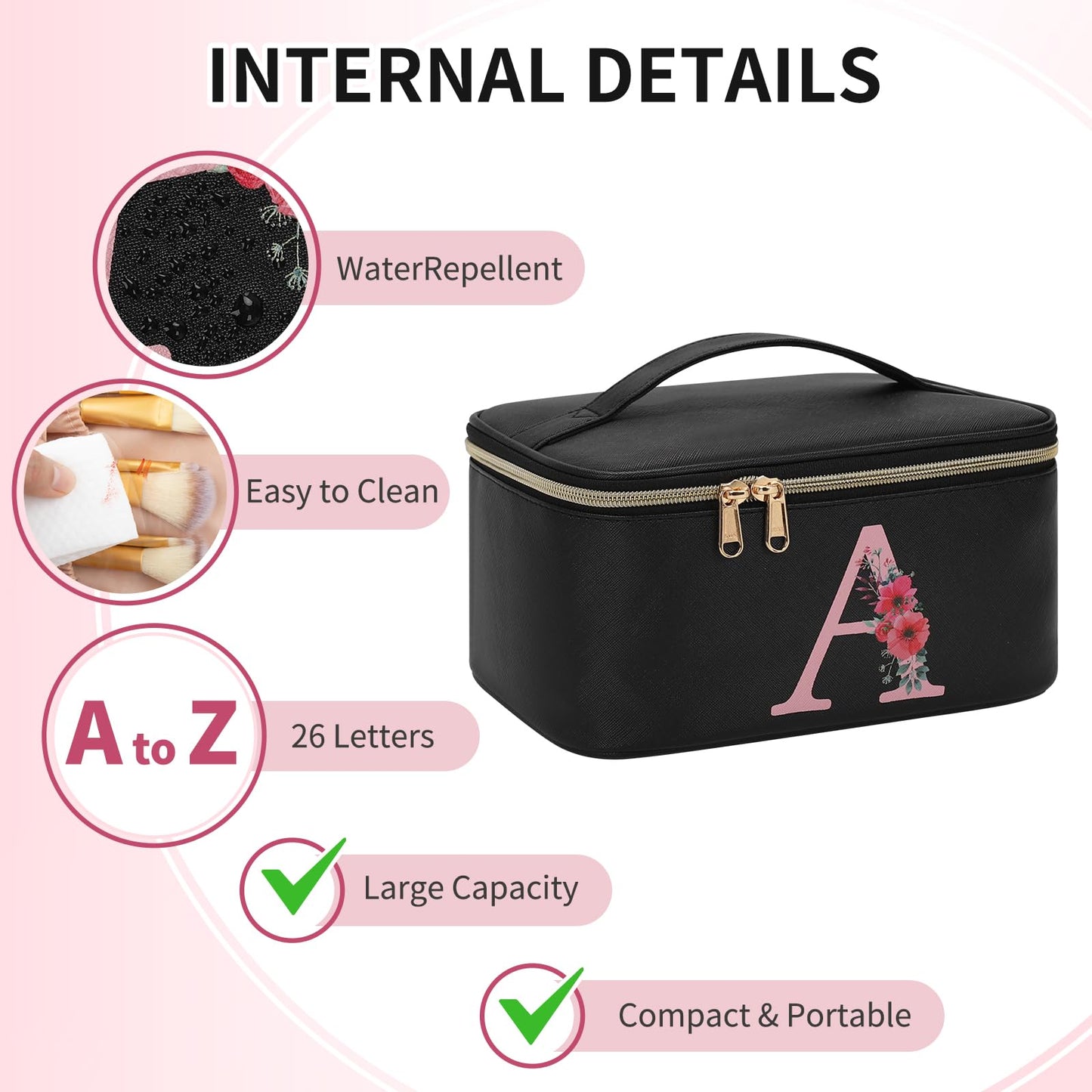 OCHEAL Initial Makeup Bag,Monogram Make up Bag Black Travel Makeup Organizer Case Beauty Toiletry Cosmetic Bag with Brush Holder, Trendy Stuff Personalized Gifts for Women and Girls-A
