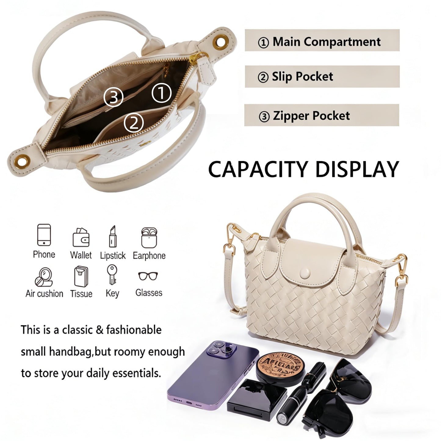 Small Vegan Leather Crossbody Bags For Women, Mini Woven Dumpling Handbag, Cute Top Handle Shoulder Purse For Travel Dating (Off White)