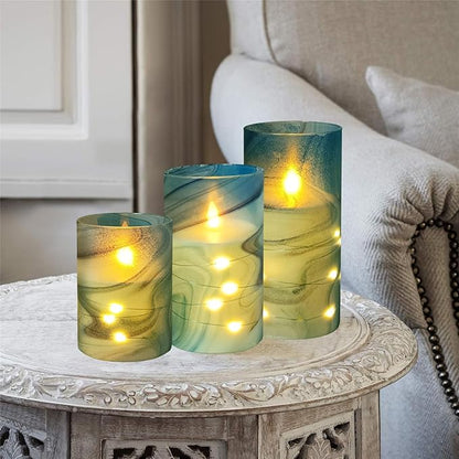 Printed Flameless Candles with String Lights - Set of 3 Battery Operated Candle Flickering Floral LED Pillar Candles with Timer Remote for Home Decor Romantic Ambiance,BG