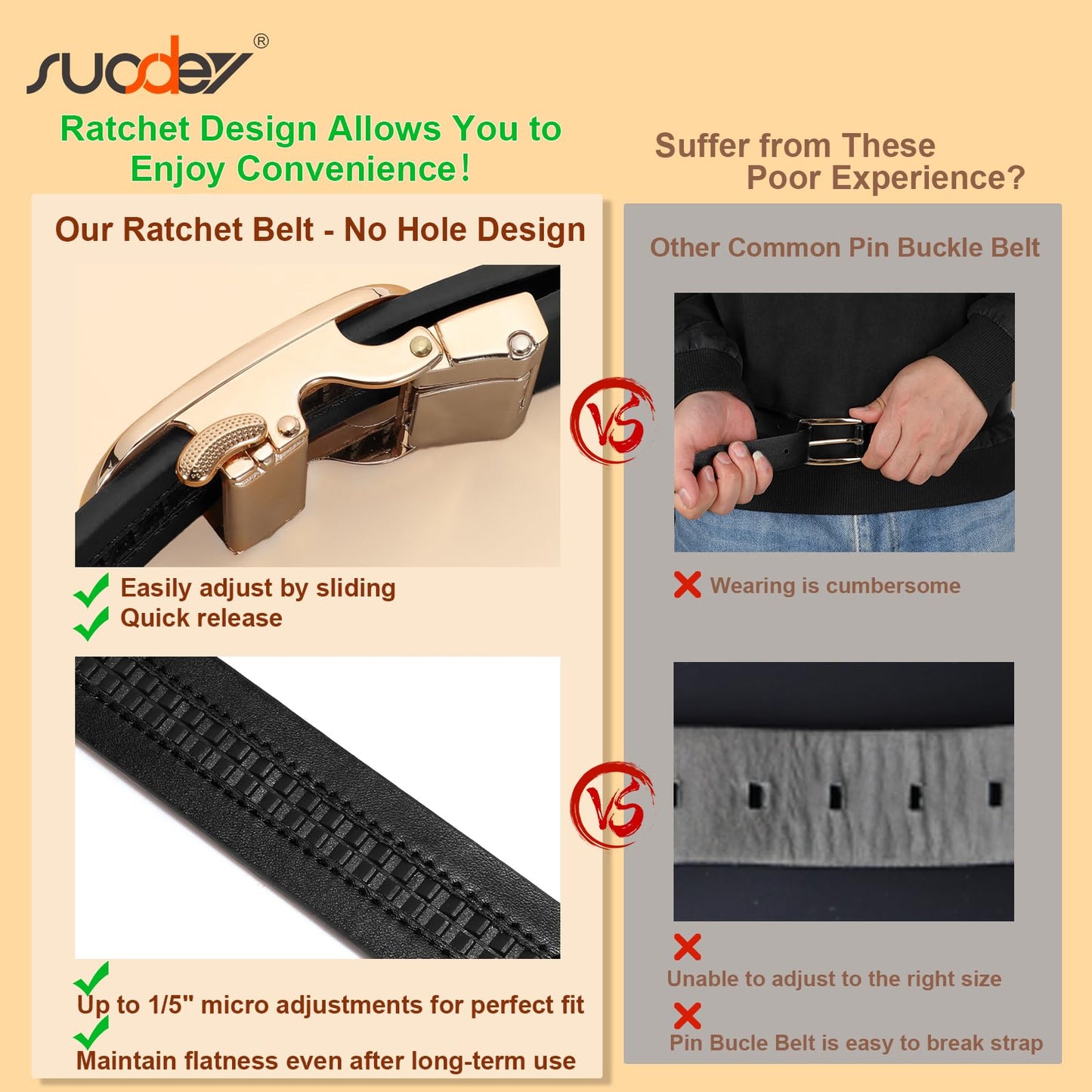 SUOSDEY Women Leather Ratchet Belt for Jeans Pants with Gold Automatic Sliding Buckle,Ladies Dress Belt,Width 1.2"