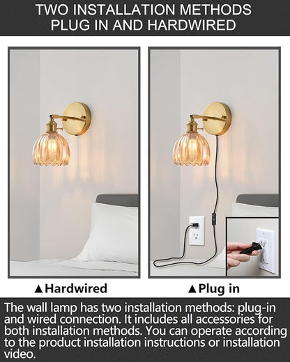 Plug in and Hardwired Wall Sconces, Luxury Vintage Tulip Crystal Glass Shade Wall Light with Switch for Bedside Bedroom Living Room (Tulip-Amber, 2)