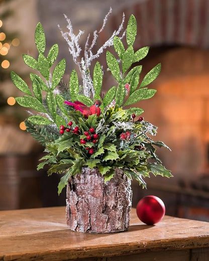 DILATATA 6Pcs Christmas Glitter Leaves Bay Leaves Spray 24" Artificial Green Bay Leaf Picks Sprays Giltter Stems for Halloween Centerpiece Christmas Home Decor Home Decor - Green