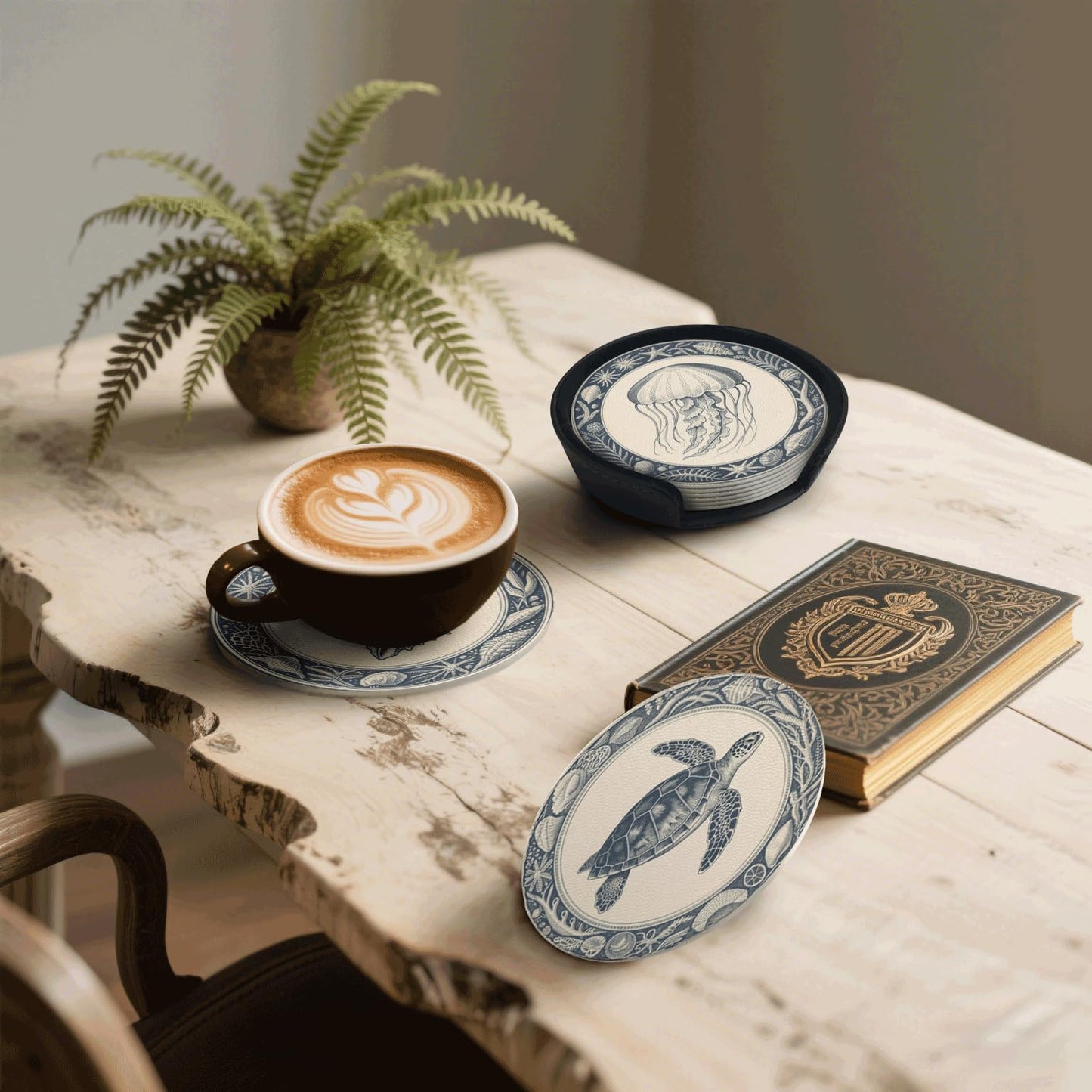 6 Pcs Nautical Ocean Drink Coasters with Holder Coasters for Drinks Coffee Table Home Decor Housewarming Gift