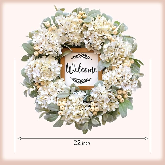 Year Round Wreaths for Front Door 22 Inch, Spring/Summer Wreath with Hydrangeas Lamb's Leaves Berries Welcome Board for Holiday Farmhouse Home Indoor Outdoor Wedding Party Wall Window Decor