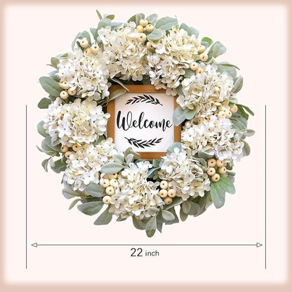 Year Round Wreaths for Front Door 22 Inch, Spring/Summer Wreath with Hydrangeas Lamb's Leaves Berries Welcome Board for Holiday Farmhouse Home Indoor Outdoor Wedding Party Wall Window Decor