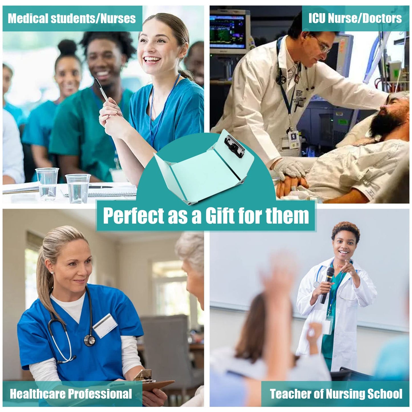 Nursing Clipboard Foldable,Nurse Clipboard 3 Layers Aluminum w/Nursing Medical Edition Cheat Charts, Foldable Nursing Clipboard w/Low Profile Clip,Pocket Clipboard for Students/Nurses/Doctors,Mint
