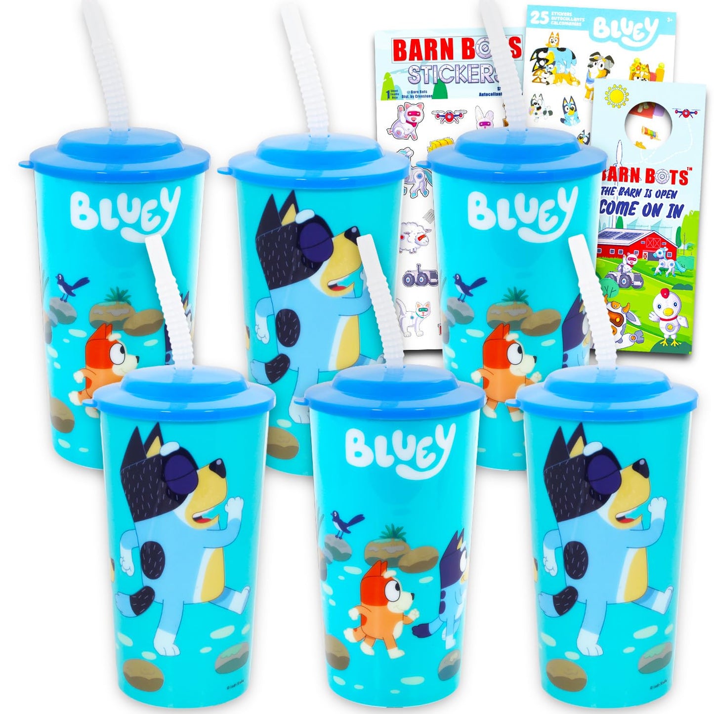 Bluey Tumbler Cups 16oz Set - Bundle with 6 Refillable Cups with Straws for School Supplies, Sports, Party Supplies, More | Bluey Water Bottles for Toddlers Birthday