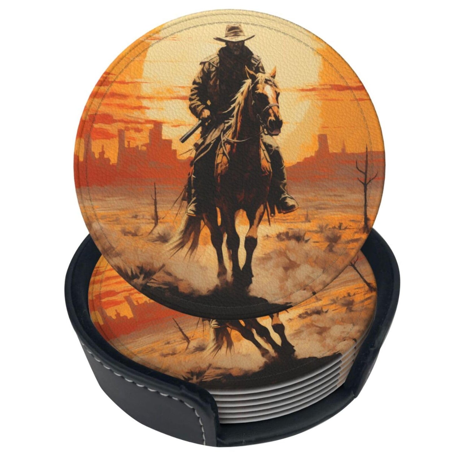 Famame 6 Pcs West Desert Cowboy Sunset Leather Coasters for Drinks with Holder Coaster Sets Drink Table Cup Coasters for Living Room Kitchen Coffee Decor
