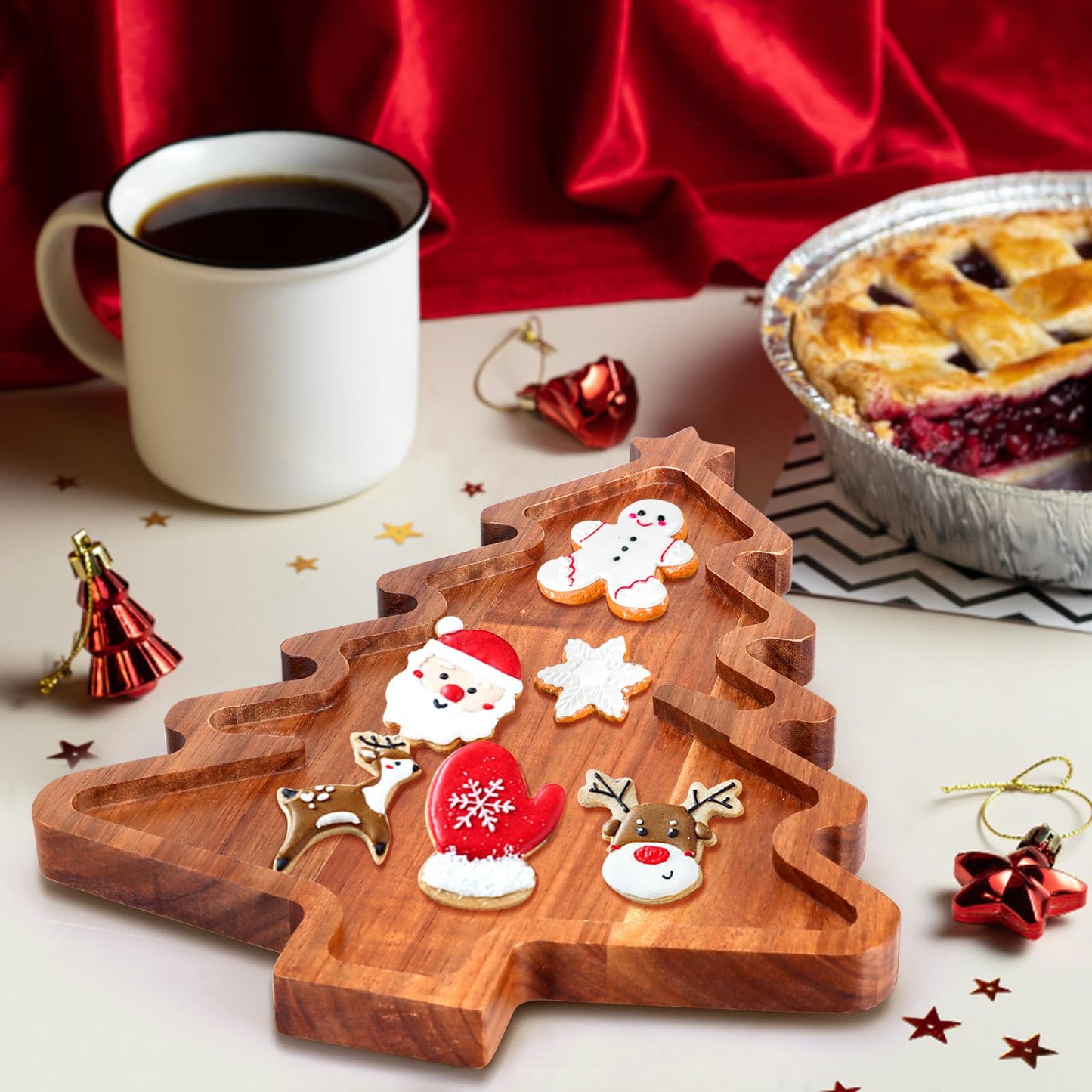 Gtencemen Acacia Wood Christmas Tree Tray - Decorative Serving Platter, Festive Plate, Xmas Dish & Wooden Charcuterie Board for Holiday Gift, Cheese, Fruit, Veggie & Cookie, Food, Snack, 16” x 10”