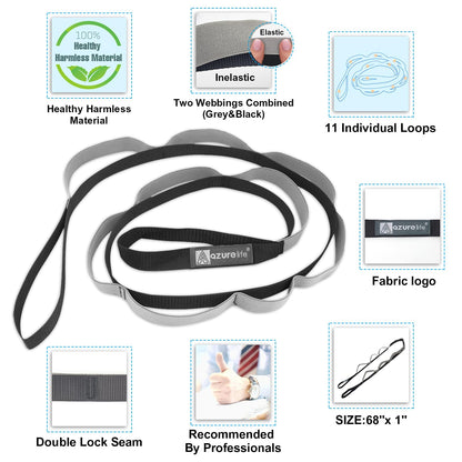 A AZURELIFE Half-Elastic Stretch Straps with 11 Loops, Stretching Strap for Physical Therapy, Multi-Loop Yoga Strap Fitness Exercise Strap for Yoga, Pilates, Dance, Flexibility&Exercise