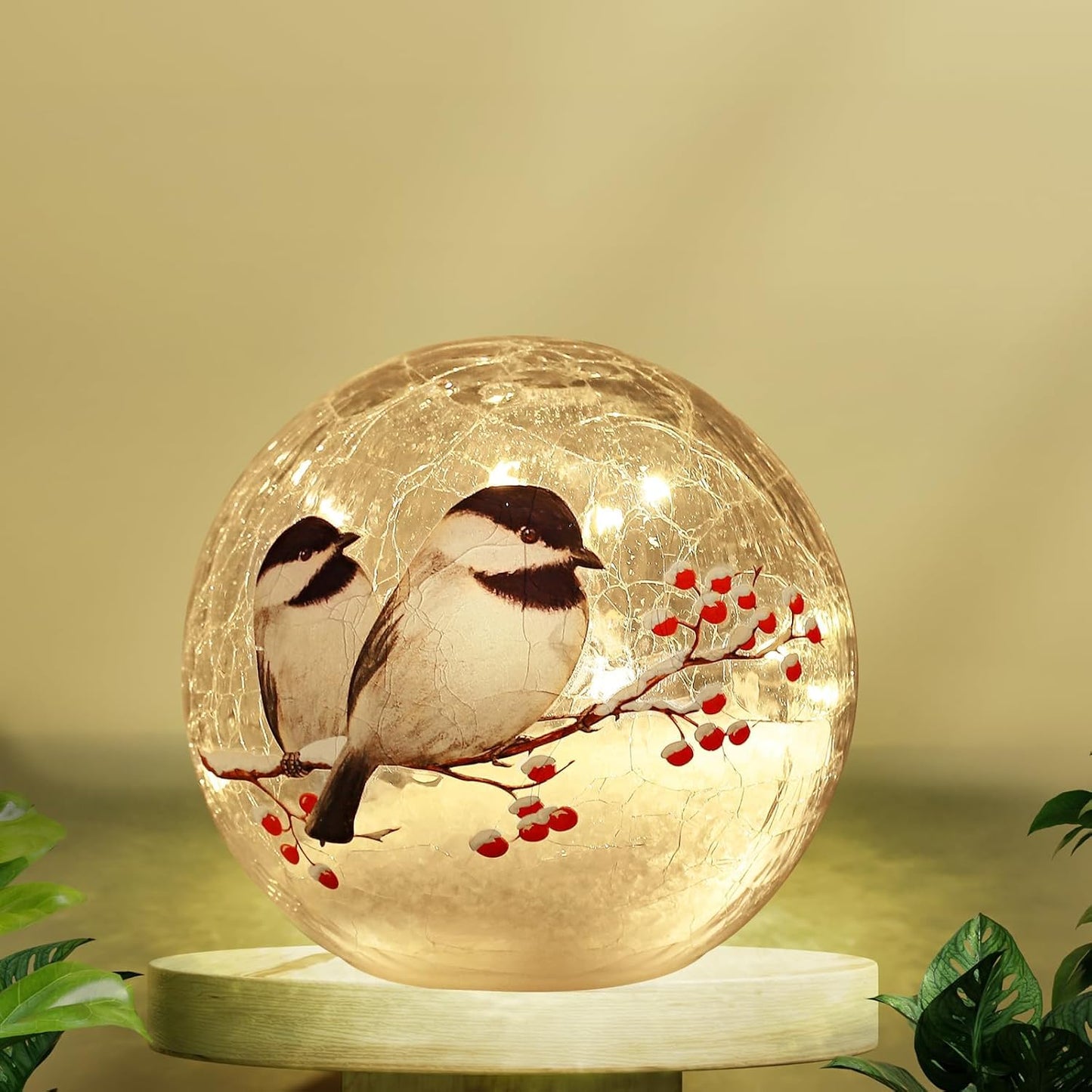 Glass Ball Light Birds Pattern Crackle Warm White Night Lamp for Bedroom Living-Room Dresser Nursery Kitchen Garden Modern Decoration Craft