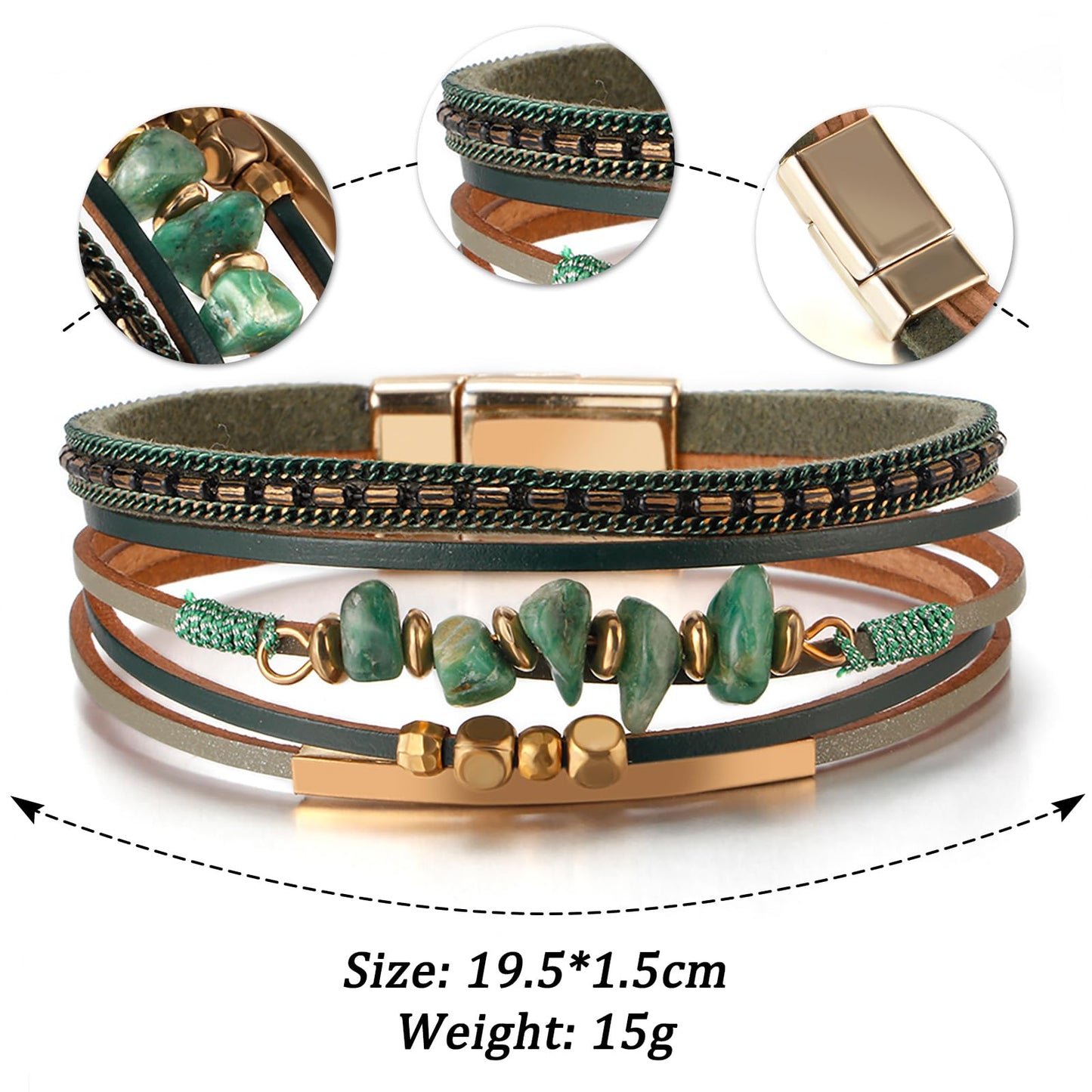 Fesciory Leather Wrap Bracelets for Women, Boho Leopard Multi-Layer Crystal Beads Cuff Bracelet Jewelry (Stone(Green1))