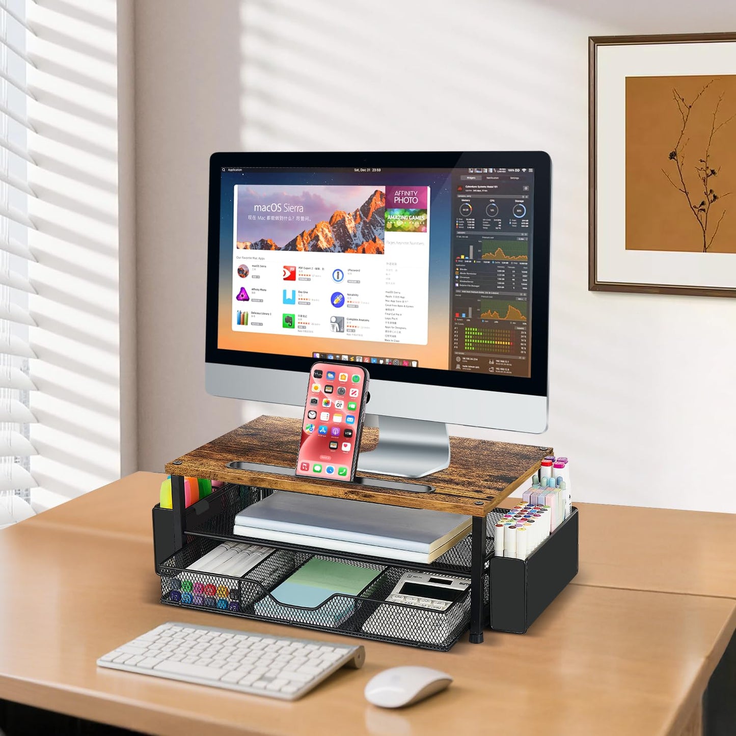 AUPSEN Wood Desk Organizers and Accessories, 2-Tier Computer Monitor Stand Riser with Drawer, Pen Storage & Phone Holder, Office Desk Accessories, Workspace Desktop Organization for Office Supplies（Brown）