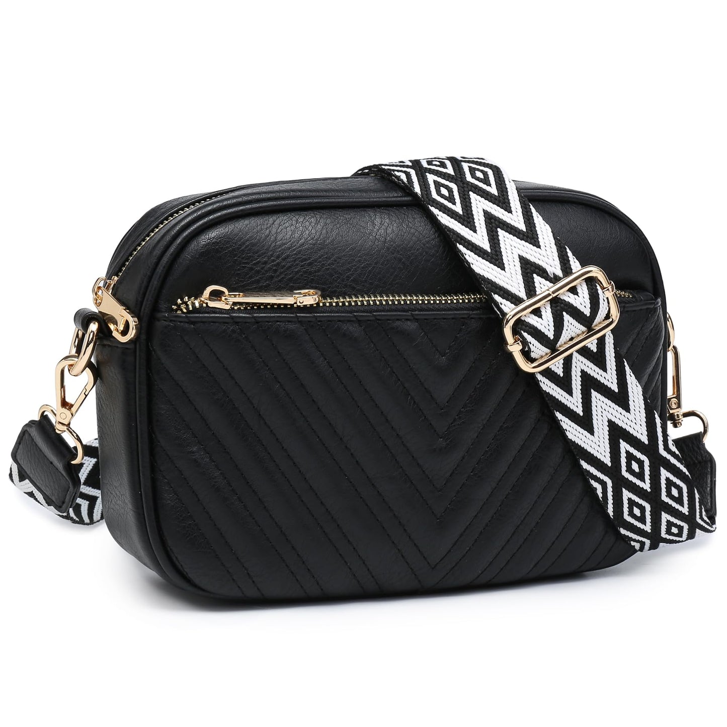 VONMAY Crossbody Purse for Women Quilted Crossbody Bags Vegan Leather Purses Small Shoulder Handbags with Wide Strap (Black)