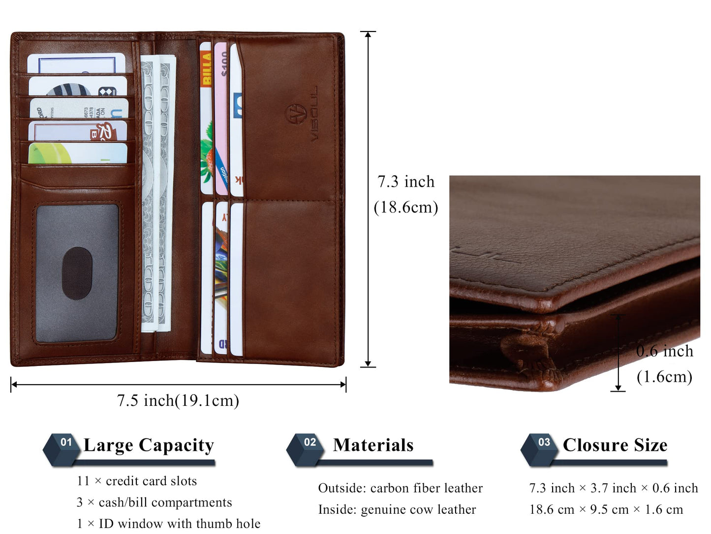 VISOUL Leather Checkbook Cover Wallet for Men with RFID Blocking, Mens Long Bifold Cash Tall Wallet with 11 Credit Card Slots 1 ID Window (Brown)