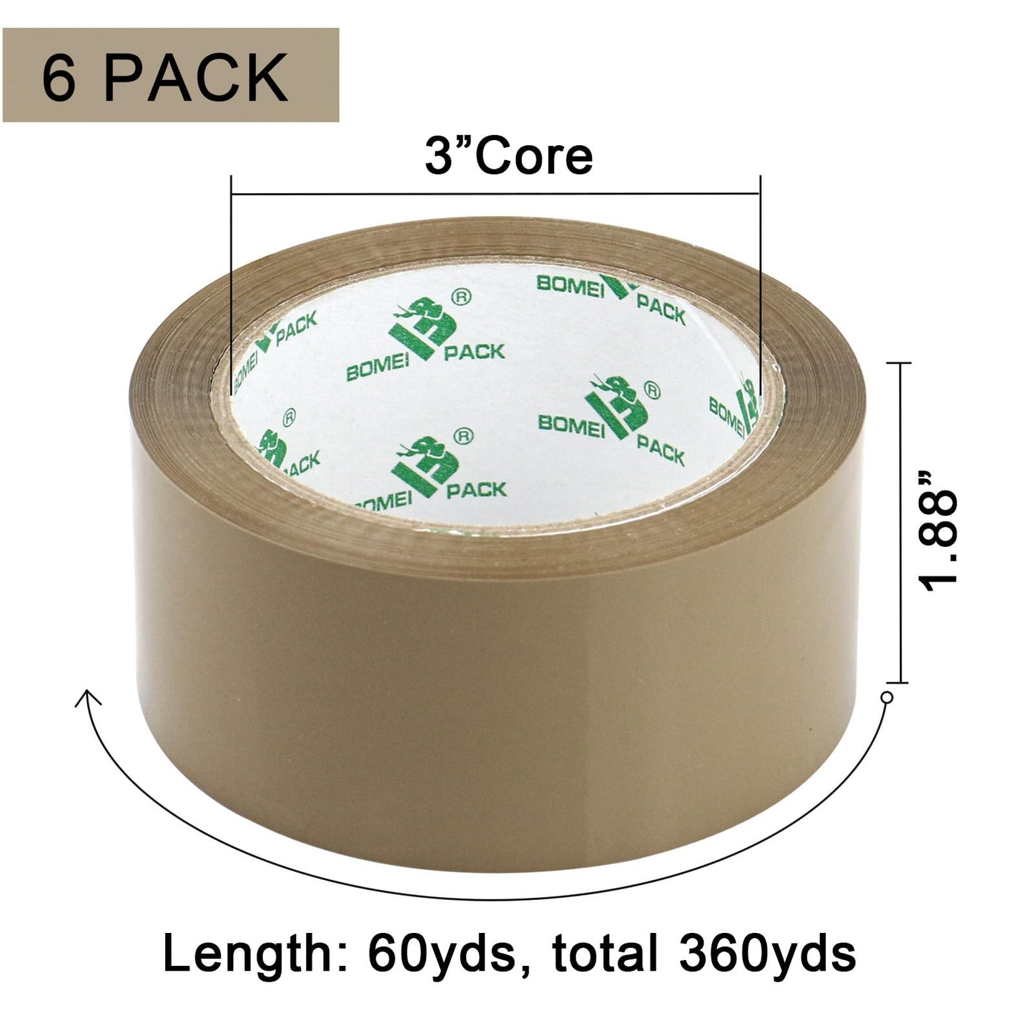 BOMEI PACK 6 Rolls Silent Brown Packing Tape, 1.88" x 60 yds,Heavy Duty Packaging Carton Tape for Shipping Packaing Moving Sealing, 2.4mil Thickness, 60 Yards Per Roll