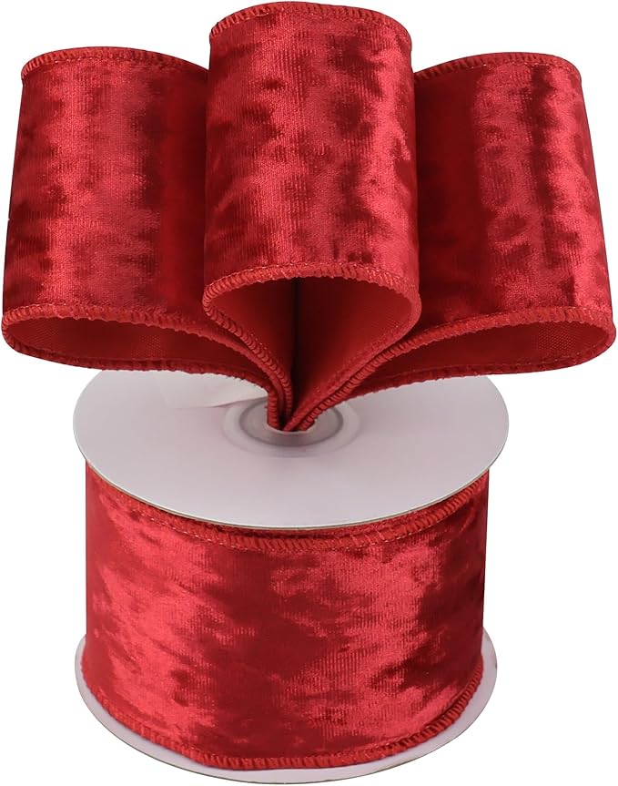 MEEDEE Red Velvet Wired Ribbon 2-1/2 inch Crushed Red Velvet Christmas Ribbon 10 Yards for Christmas Tree, Wreaths, Crafts Bow, Garlands, Gift Wrapping, Seasonal Decorations