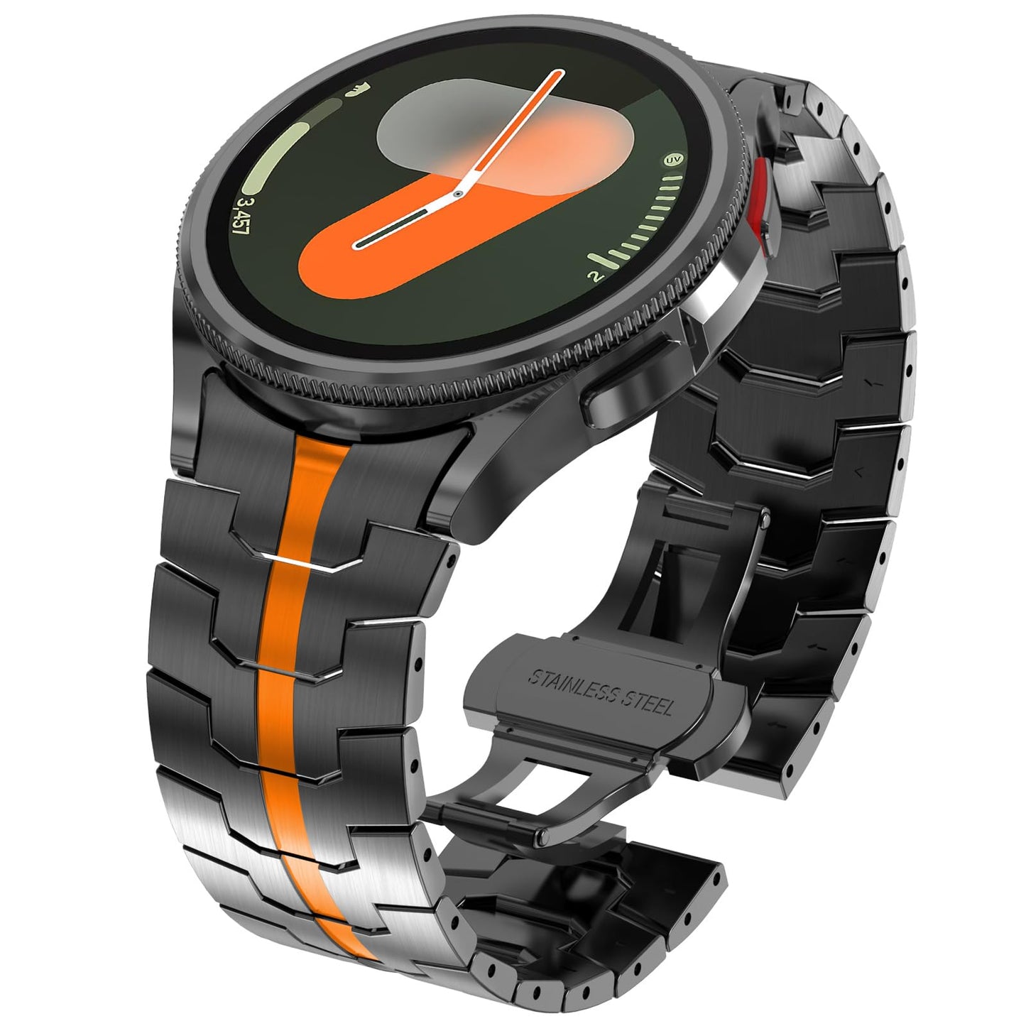 WINGLE Metal Bands for Samsung Galaxy Watch 7 6 5 4 Band Galaxy Watch 6 Classic/5 Pro/4 Classic/FE Band Men 47mm 43mm 45mm 44mm 40mm 46mm 42mm, No Gap Solid Stainless Steel Link, Black/Orange