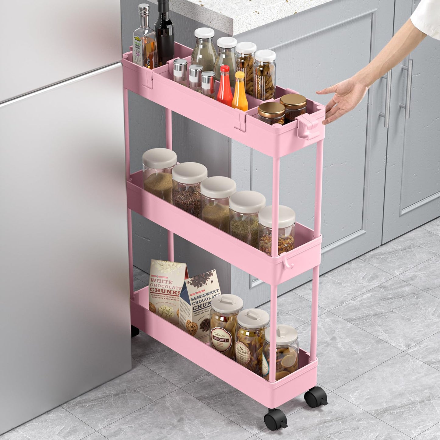SPACELEAD Slim Storage Cart 3 Tier,Bathroom Organizer Rolling Utility,Mobile Shelving Unit Slide Out for Office, Kitchen, Laundry Room & Narrow Places,Pink