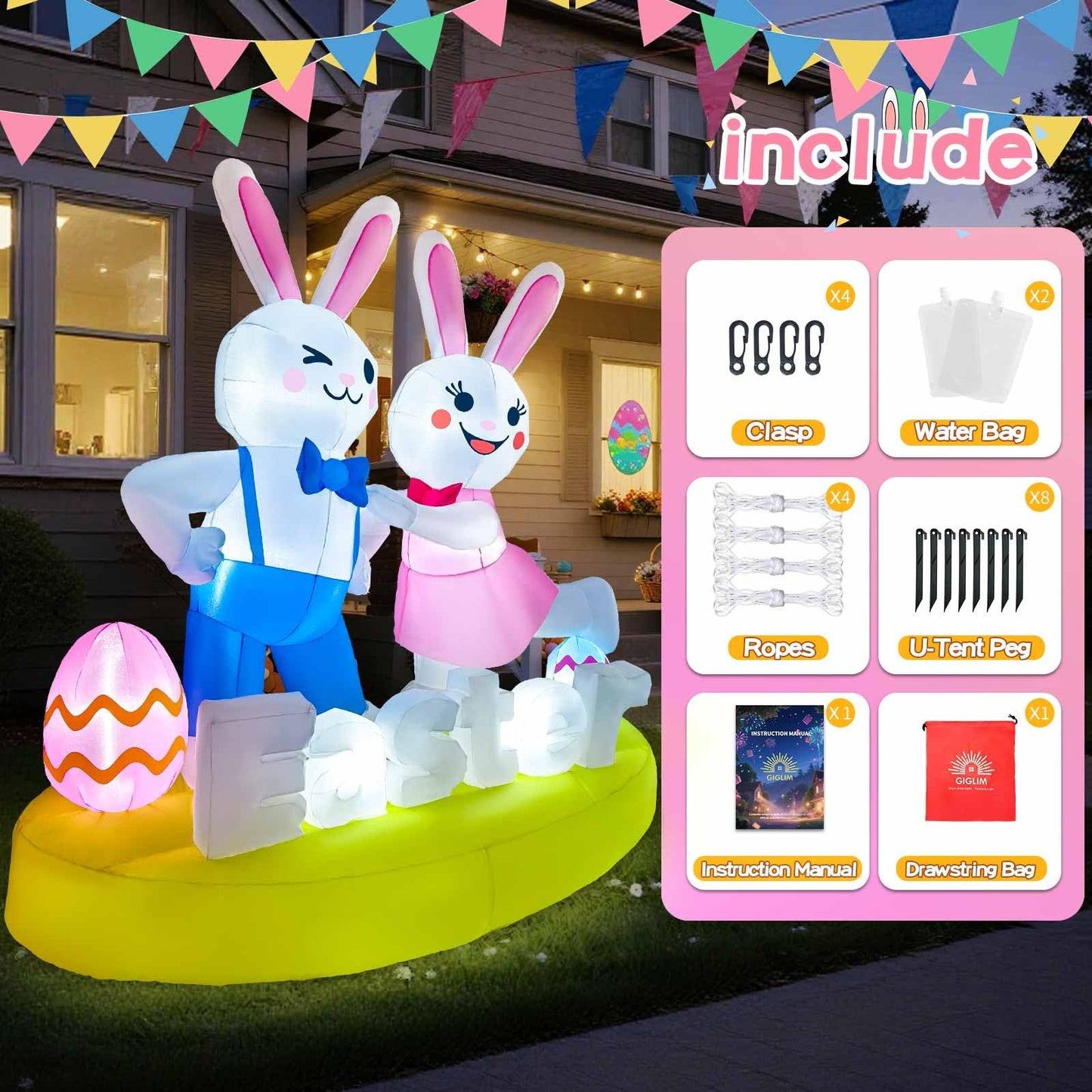 6FT Easter Inflatables Outdoor Decoration Inflatable Bunny Lover Dancing Built in LED Lights Bunny Blow Up Yard Decoration for Lawn Garden Holiday Party(with Storage Bag)
