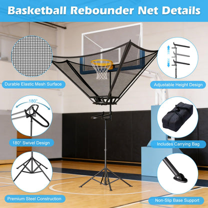 2026 Upgraded Basketball Rebounder, Adjustable Height Basketball Return Attachment with 180° Rotating Track, Basketball Shot Trainer Rebounder with Net Return System, Easy Assembly & Storage